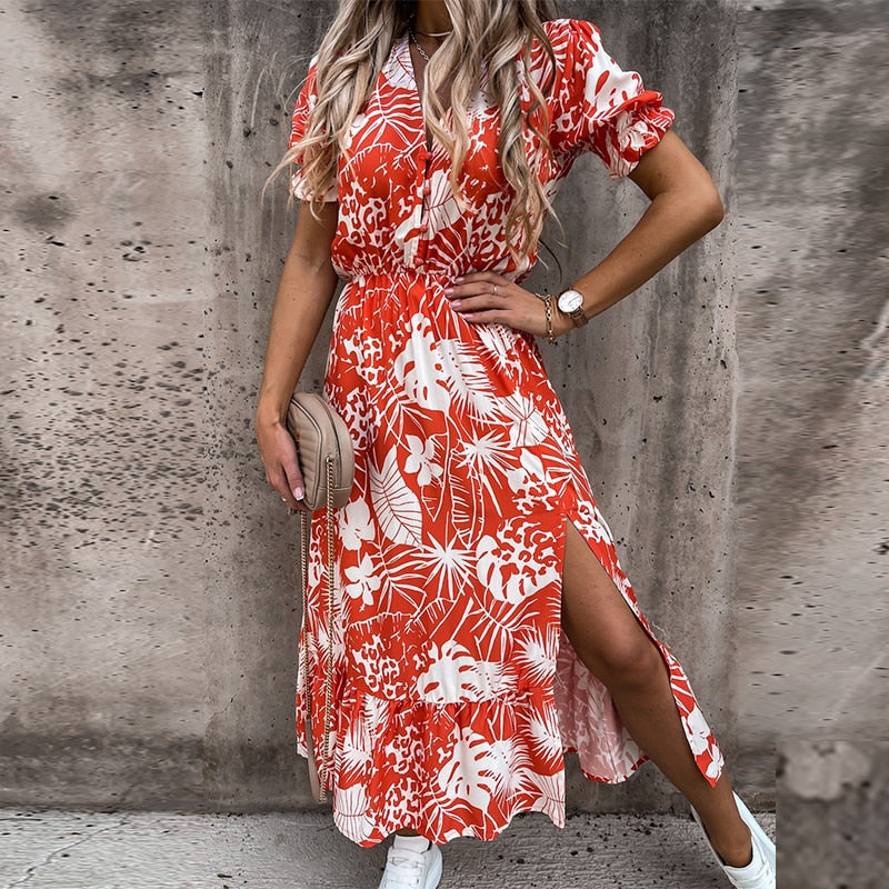 Casual Side Split Big Hem Floral Print Maxi Dress