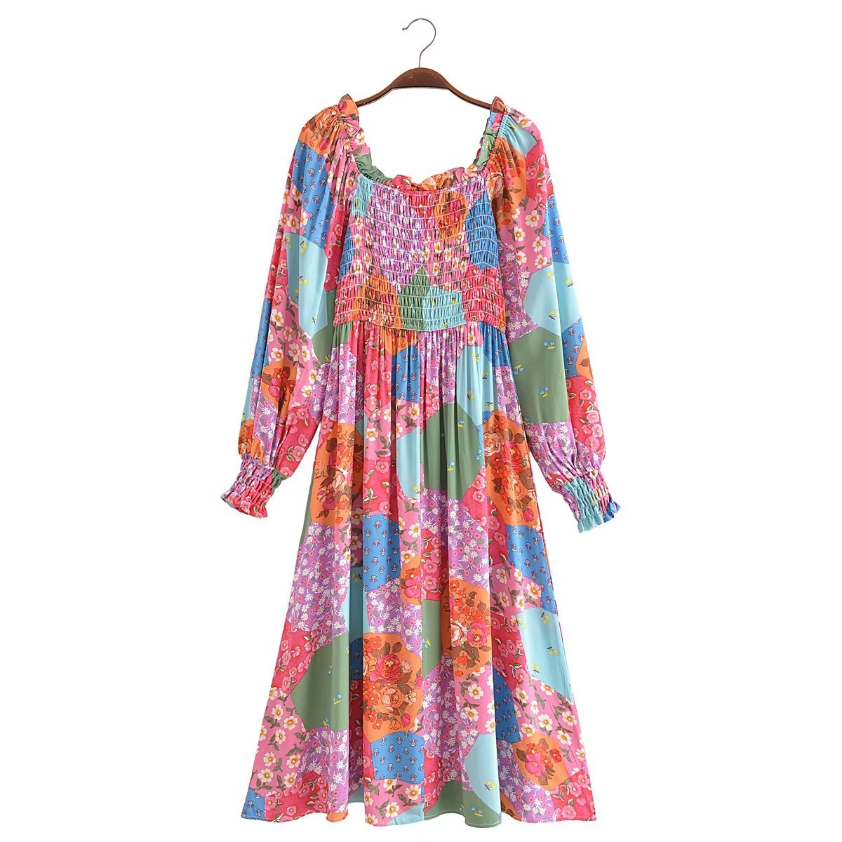 Boho Midi Dress, Sundress, Maryam in Orange, Green and Pink