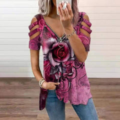 Loose Angel Wing Print Vintage V Neck Zipper T Shirt