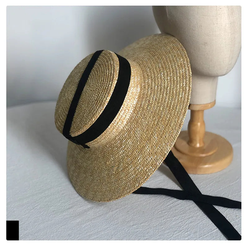 Boho Hat - Wide Brim Straw Sun Hat with Vintage Style Amy Black Ribbon