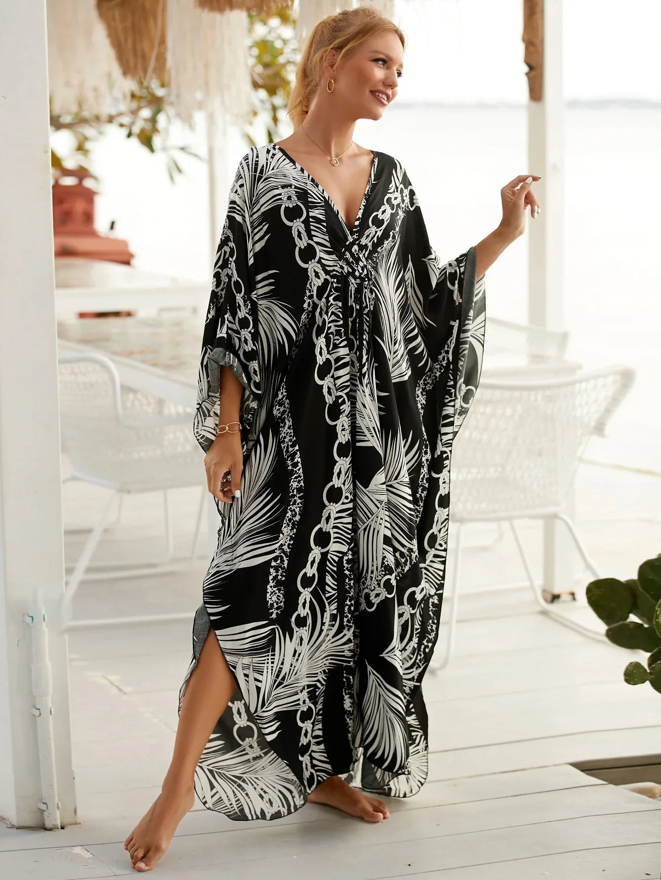 Boho Maxi Dress - Beach Dress, Kaftan Dress Vintage Embroidered in Danica Black Leaf
