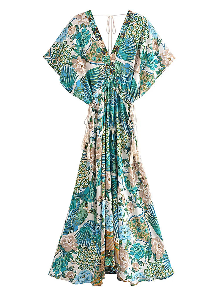 Maxi Dress - Boho Dress - Maxi Boho Sundress - Peacock Green Gold