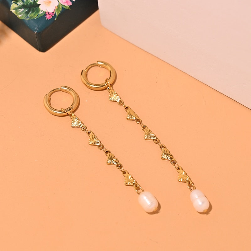 Boho Earrings, Dangle Earrings, Peal with Gold Chain