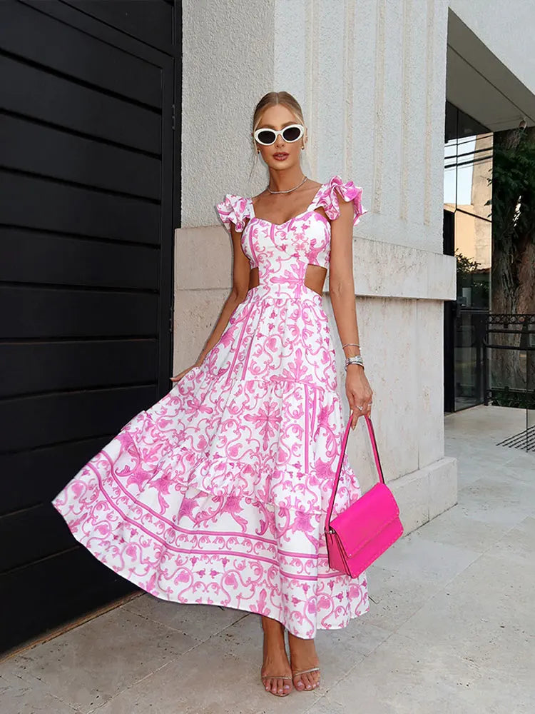 Boho Beach Dress - Backless Summer Vacation Vibes - Pink Wine Flower