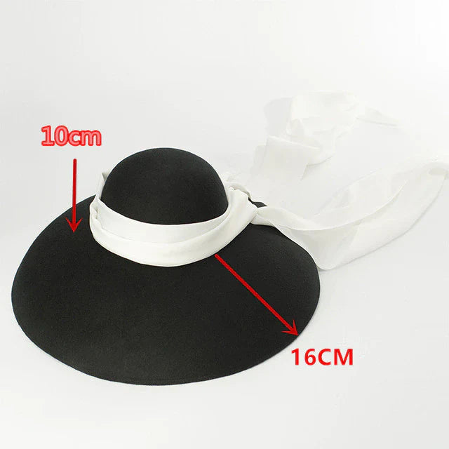 Boho Hat, Floppy Vintage Hat, Audrey Black Wool White Scraf
