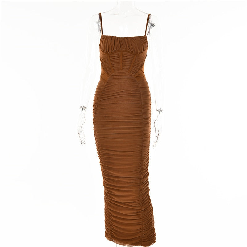 Boho Camis Dress, Party Bodycon Dress, Corset Ruched Maxi Dress, Claire in  Black and Brown