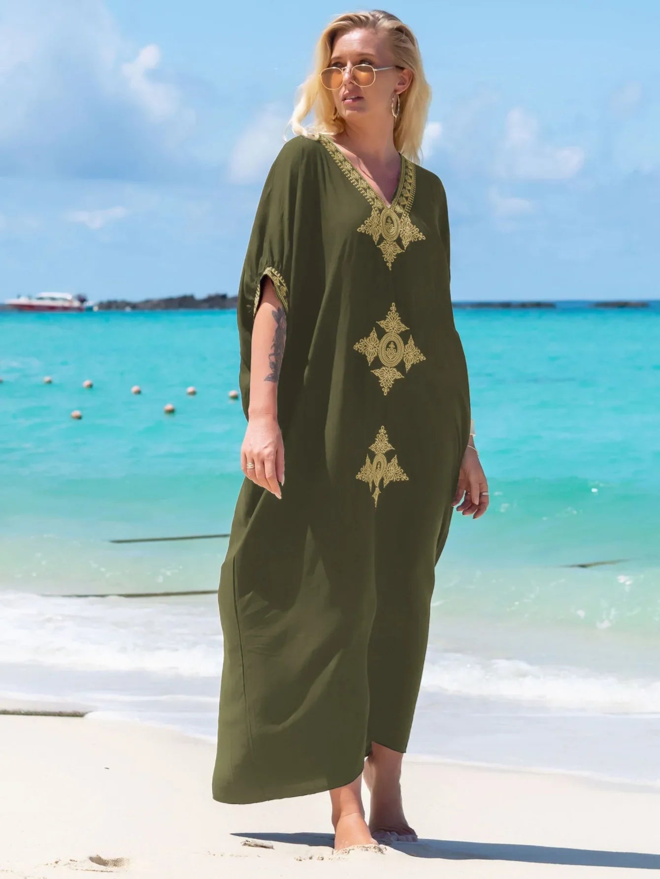 Boho Maxi Dress - Beach Dress, Kaftan Dress Vintage Embroidered in Liliana Navy