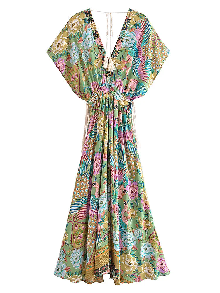 Maxi Dress - Boho Dress - Maxi Boho Sundress - Peacock Green Gold