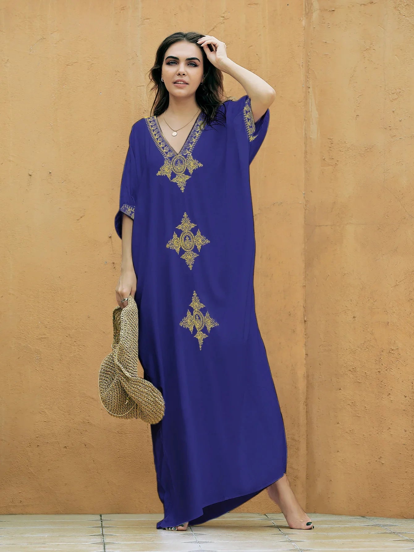 Boho Maxi Dress - Beach Dress, Kaftan Dress Vintage Embroidered in Liliana Navy
