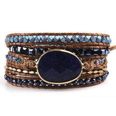 Boho Bracelet - RH 5-Layer Leather Wrap with Oval Pink Natural Stones