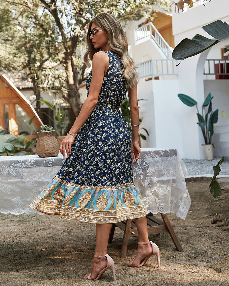 Boho Midi Dress, Sundress, Danielle  in Navy