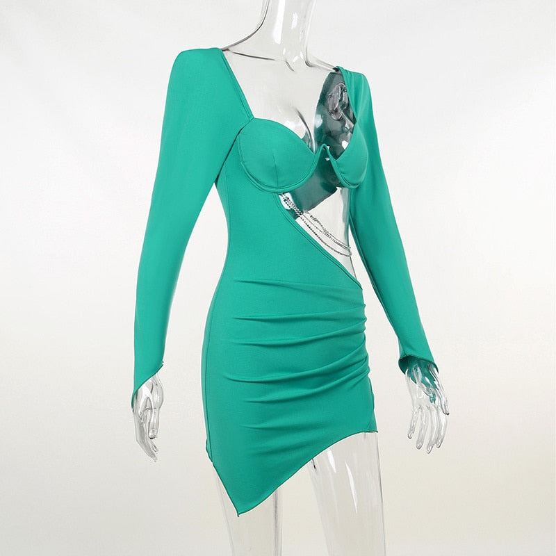 Boho Camis Dress, Party Bodycon Boho Mini Dress, Diamond Chain Hollow Out, Remy in Green and Black