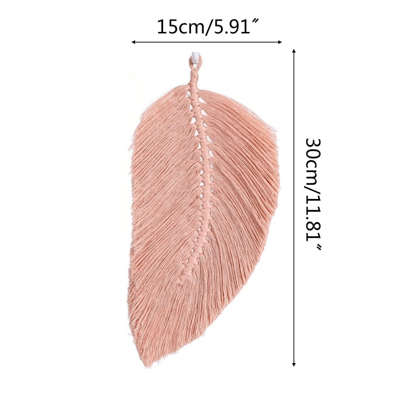 Boho Macrame Feather Wall Hanging - Handcrafted Big Leaf - Bohemian Home Decor