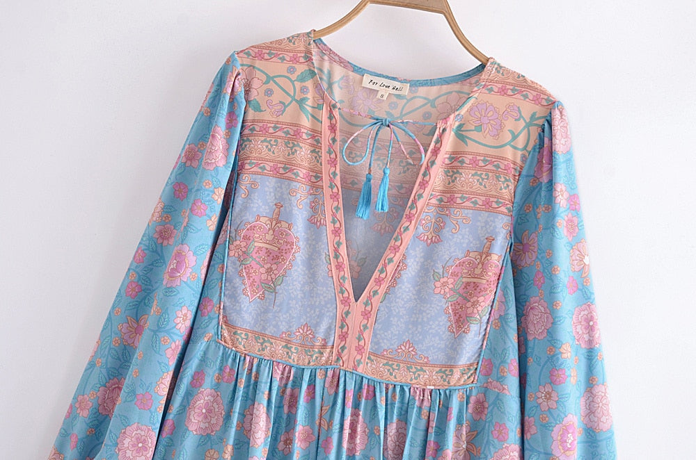 Boho Midi Dress, Sundress, Blue Secret Heart