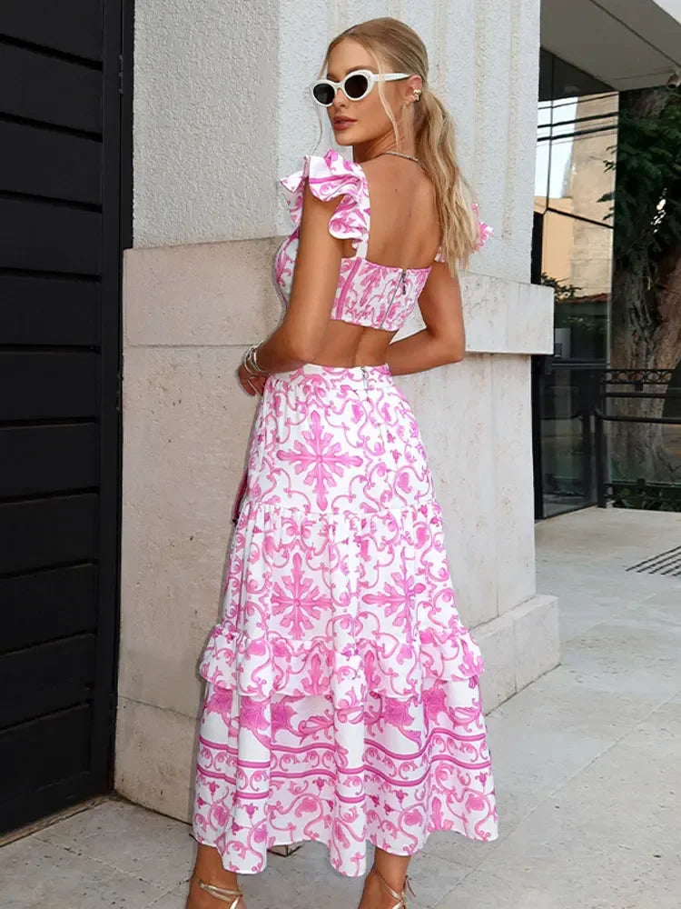 Boho Beach Dress - Backless Summer Vacation Vibes - Pink Wine Flower