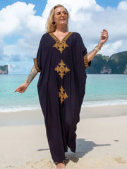 Boho Maxi Dress - Beach Dress, Kaftan Dress Vintage Embroidered in Black Liliana