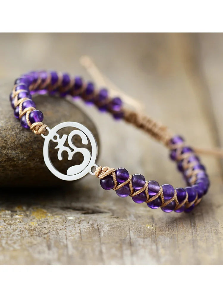 Boho Bracele Amethysts OM Charm String Braided Macrame Bracelets