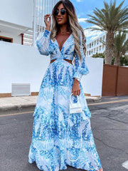 Sex Backless Hollow Out Lantern Sleeve Beach Dress Cover Up