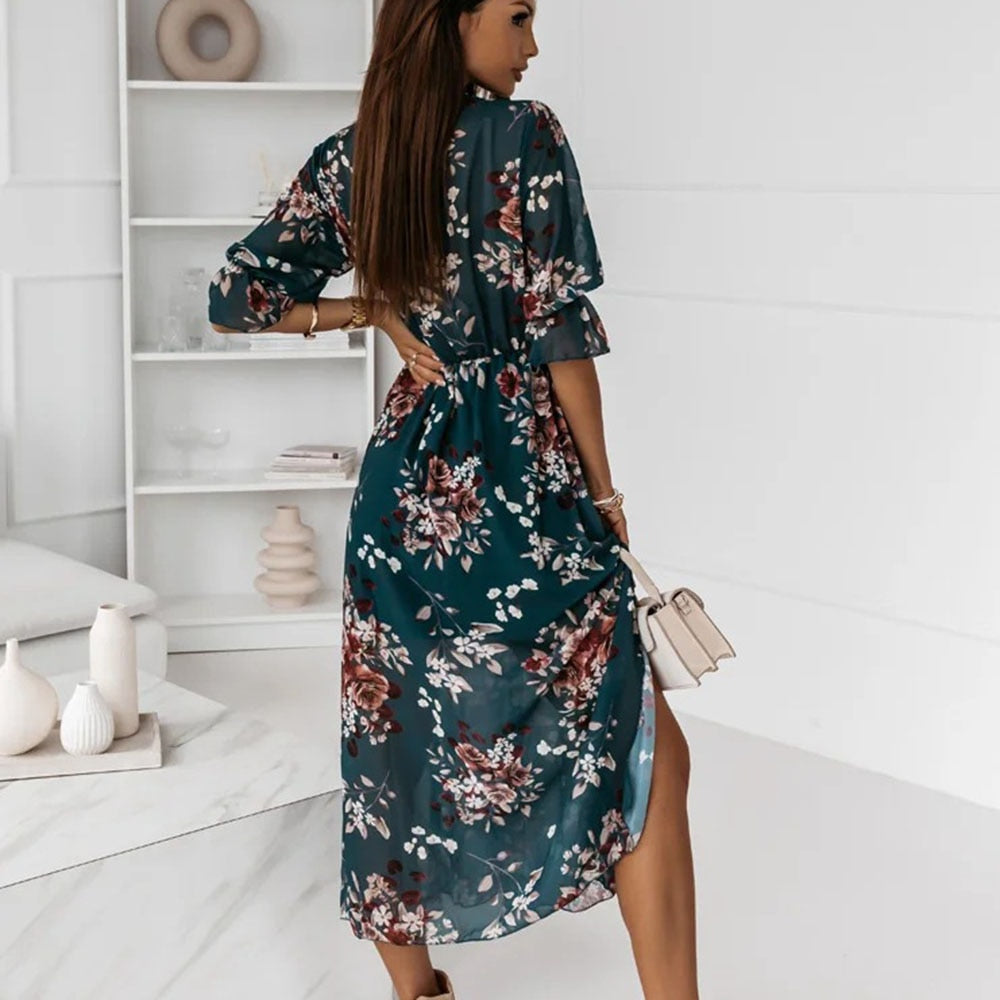 Casual Side Split Big Hem Floral Print Maxi Dress