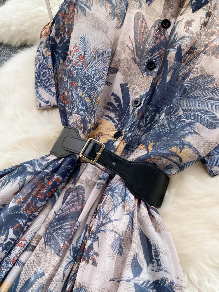 Vintage Boho Midi Dress - Embroidered Bohemian Style Shirt Dress with Beach Print