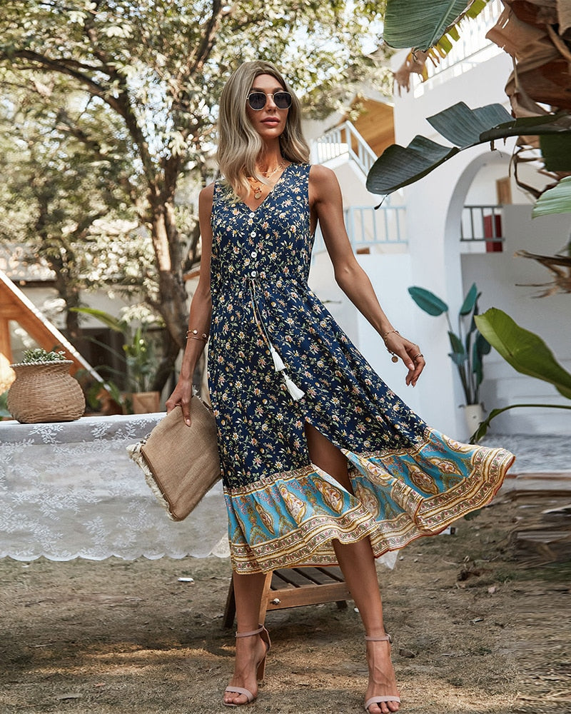 Boho Midi Dress, Sundress, Danielle  in Yellow