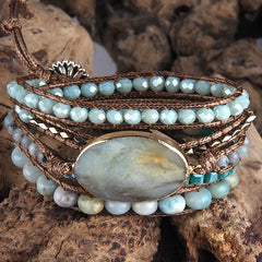 Boho Bracelet - RH 5-Layer Leather Wrap with Oval Nyx Natural Stones