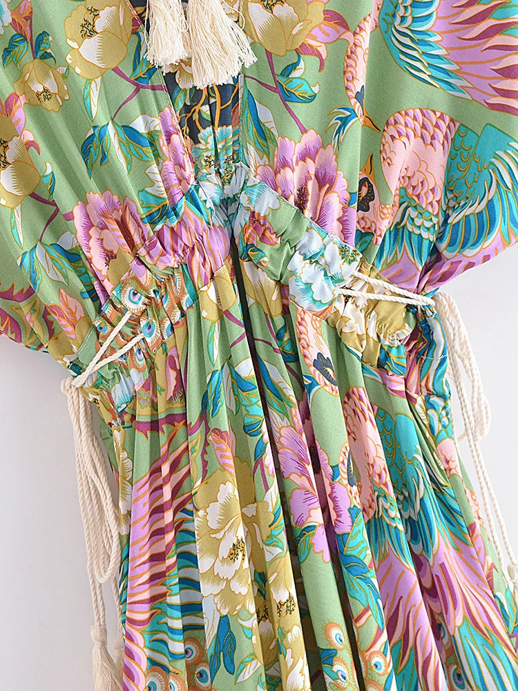 Maxi Dress - Boho Dress - Maxi Boho Sundress - Peacock Green Gold