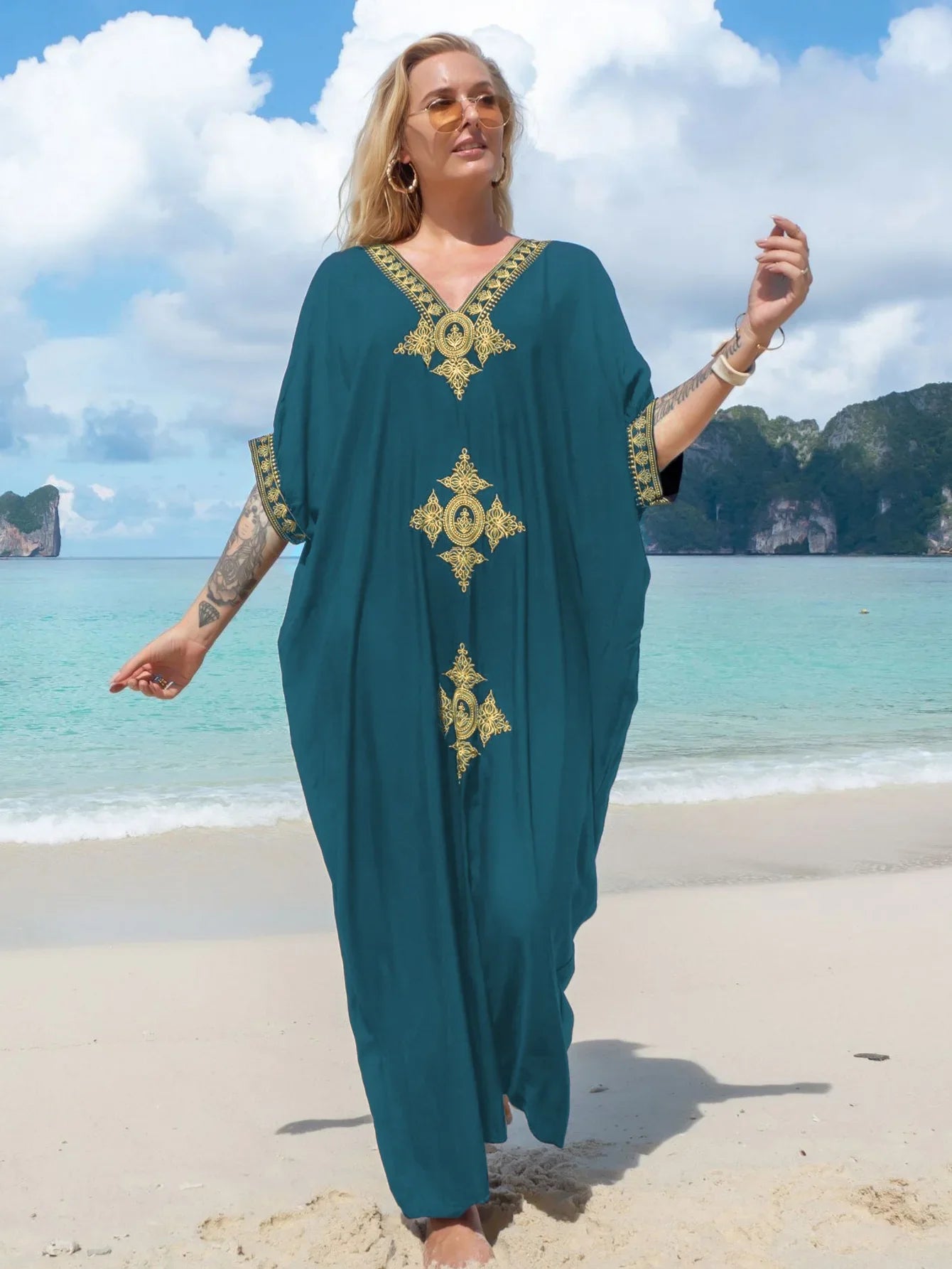 Boho Maxi Dress - Beach Dress, Kaftan Dress Vintage Embroidered in Liliana Navy