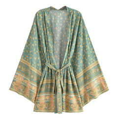 Boho Robe, Kimono Robe, Beach Cover up, Short Robe, Elliana Jasmine in Pink, Green and Brown