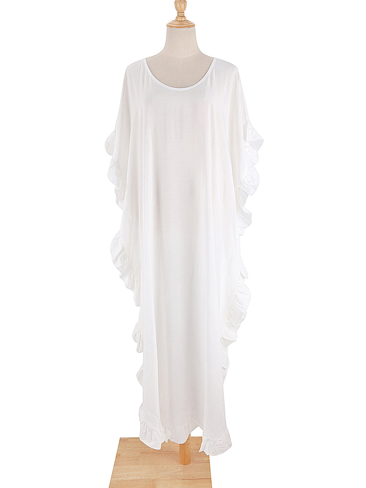 Boho Maxi Dress, Beach Dress,Kaftan Ruffle Dress, Wren White