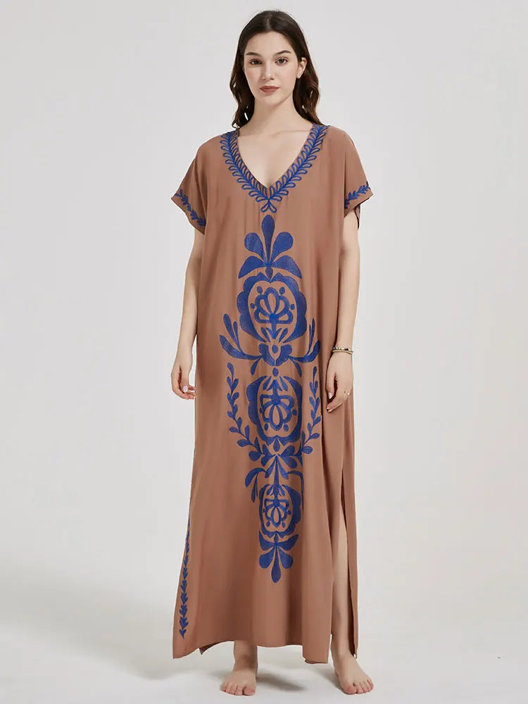 Boho Maxi Dress - Beach Dress, Kaftan Dress Vintage Embroidered in Myla Blue and Black