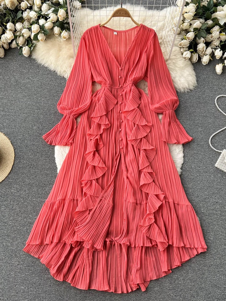Maxi Dress, Boho Vintage Pleated Dress, Josephine Gown in Purple, Pink  Brown and Yellow