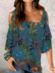 Women's T-Shirts Printed U-Neck Off-Shoulder Mid-Sleeve T-Shirt