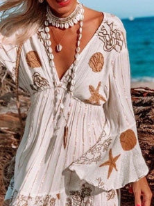 Women's Dresses Printed V-Neck Fringed Long-Sleeve Dress