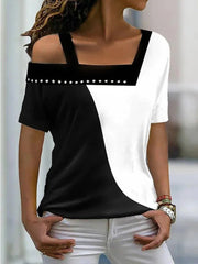 Women's T-Shirts Irregular Neck Contrast Color Short Sleeve T-Shirt