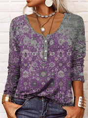 Women's T-Shirts U-Neck Print Button Long Sleeve T-Shirt