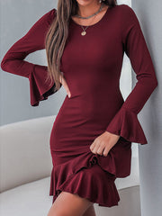 Women's Dresses Round Neck Long Sleeve Slim Fit Ruffle Dress