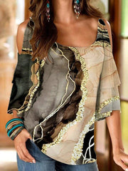 Women's T-Shirts Printed U-Neck Off-Shoulder Mid-Sleeve T-Shirt