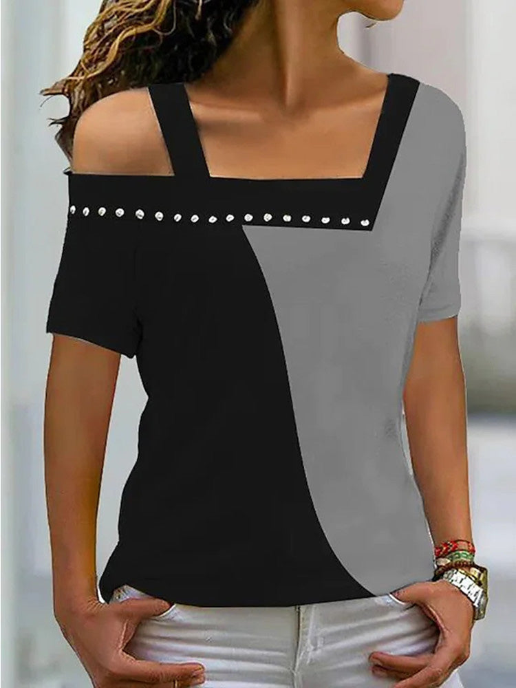 Women's T-Shirts Irregular Neck Contrast Color Short Sleeve T-Shirt