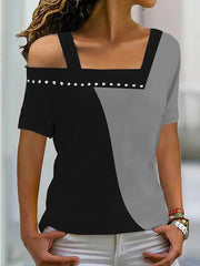 Women's T-Shirts Irregular Neck Contrast Color Short Sleeve T-Shirt