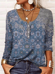 Women's T-Shirts U-Neck Print Button Long Sleeve T-Shirt
