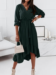 Women's Dresses Solid Tie Long Sleeve Ruffle Dress