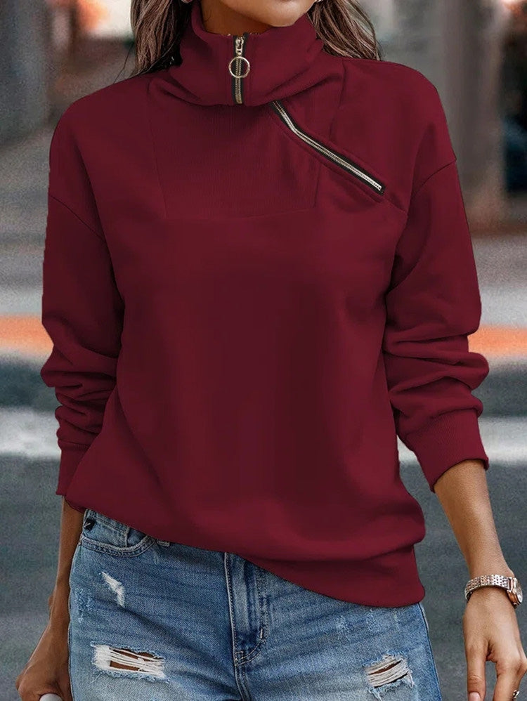 Women's T-Shirts Solid Zip Turtleneck Casual Hoodies