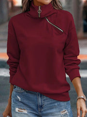 Women's T-Shirts Solid Zip Turtleneck Casual Hoodies