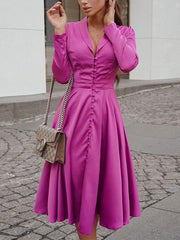 Women's Dresses Solid Lapel Button Long Sleeve Dress