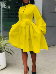 Women's Dresses Solid Lace-Up Balloon Sleeve Dress