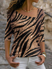 Women's T-Shirts Printed Diagonal Neck Long Sleeve T-Shirt