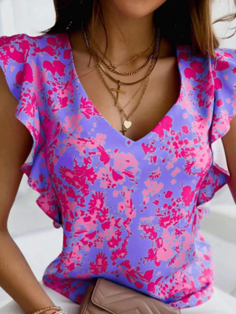 Women's T-Shirts Printed V-Neck Ruffled T-Shirt