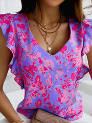 Women's T-Shirts Printed V-Neck Ruffled T-Shirt