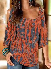 Women's T-Shirts Printed U-Neck Off-Shoulder Mid-Sleeve T-Shirt